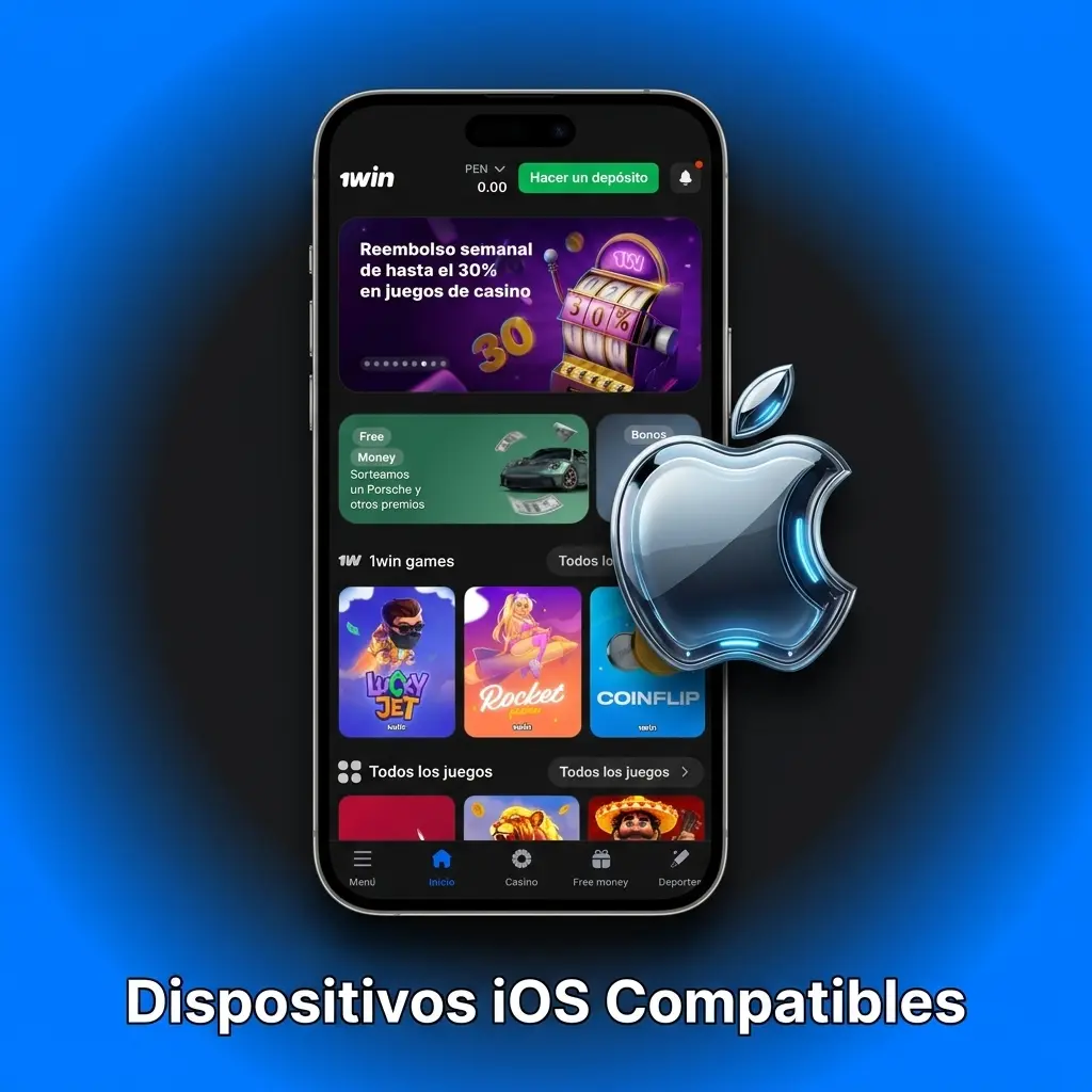 Lista de dispositivos Apple compatibles con la app 1win, incluyendo iPhone, iPad Air, iPad Mini e iPod Touch