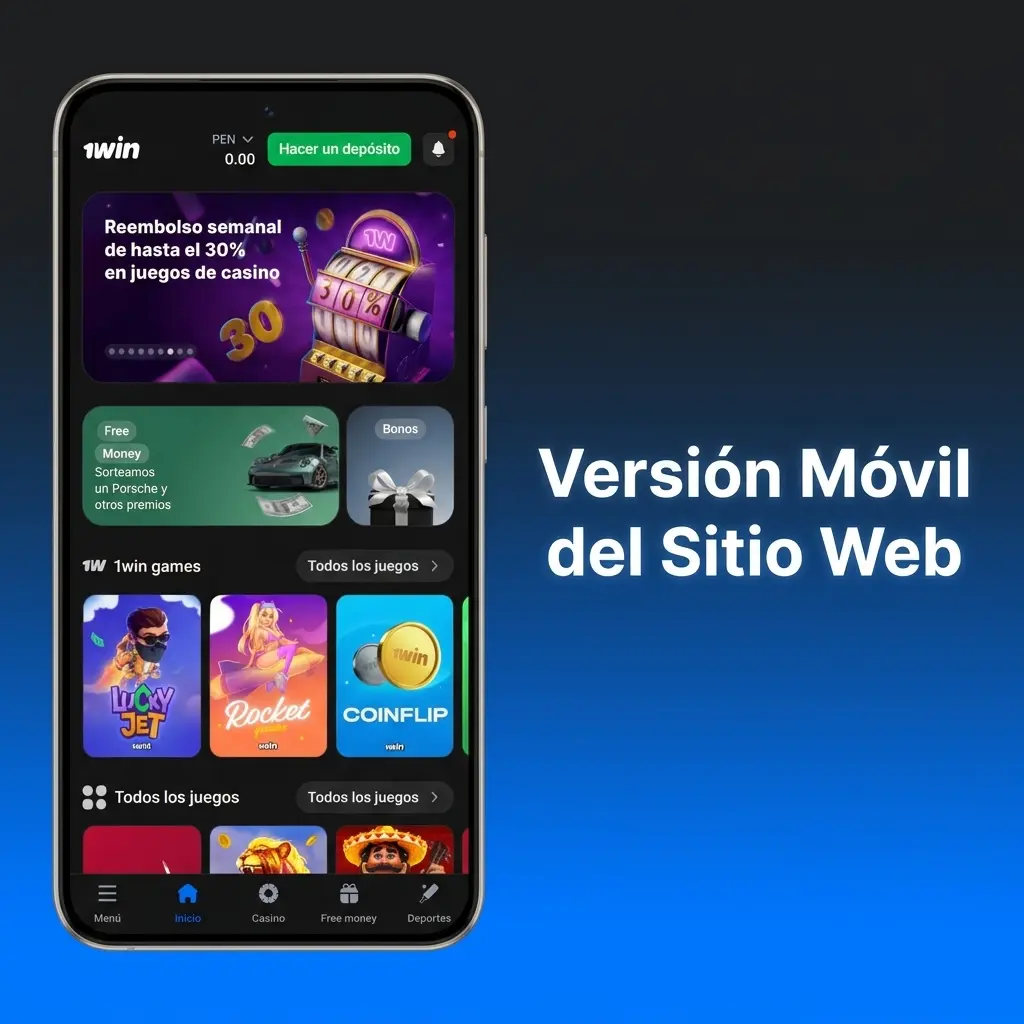 Versión móvil de 1win en navegador táctil optimizado para Perú, con acceso a deportes, casino y pagos locales.
