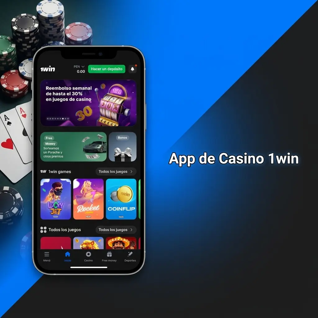 Interfaz de la app de casino 1win con tragamonedas, ruleta, blackjack y casino en vivo disponibles