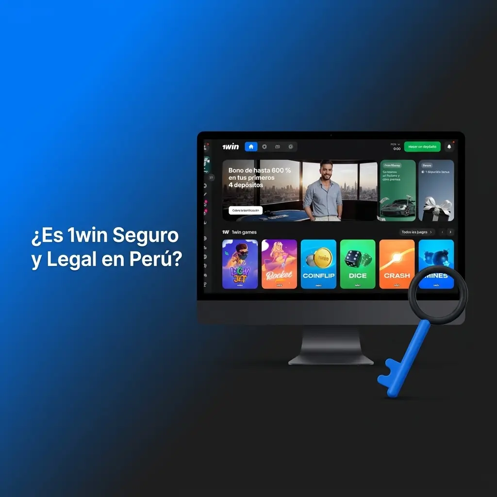 Logotipo de 1win con escudo de seguridad y bandera de Perú, plataforma legal con licencia Curaçao eGaming