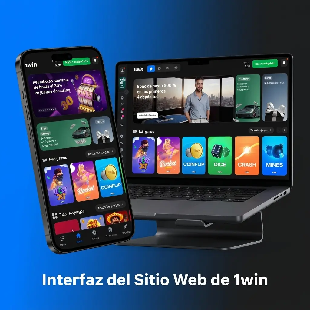 Interfaz del sitio web de 1win con barra de navegación superior mostrando secciones de deportes, casino y promociones