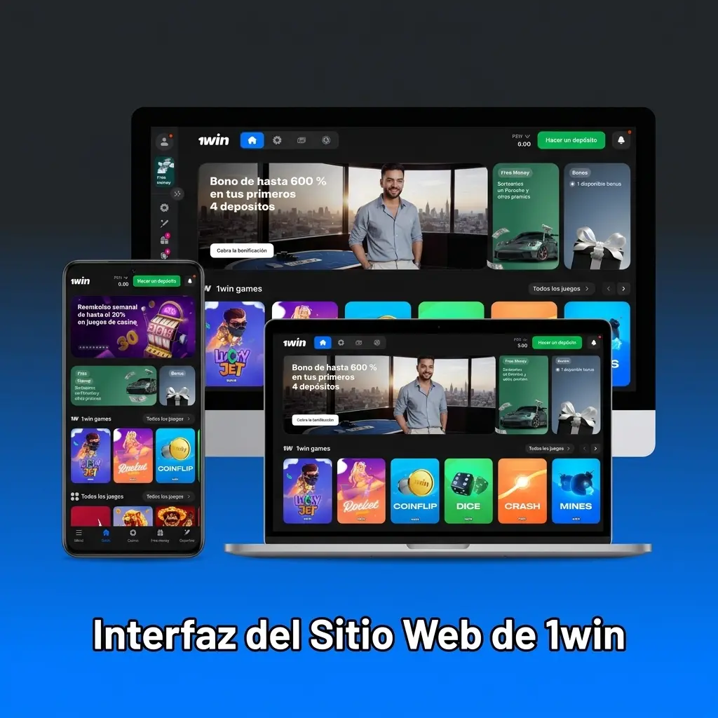 Interfaz del sitio web oficial de 1win con barra de navegación superior mostrando secciones de Deportes, Casino y más